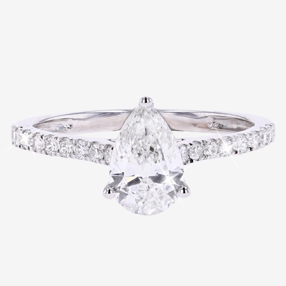 9ct White Gold Real Diamond Lab-Grown Ring, Pear Cut Diamond Shoulders 1.25ct