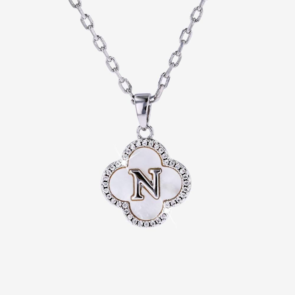 Real Mother Of Pearl Clover Initial 'N' Necklace