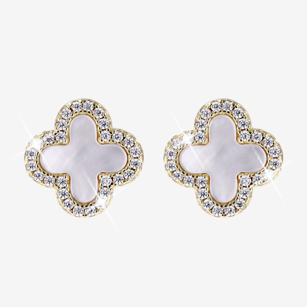 18ct Gold Vermeil On Silver Mother Of Pearl 4 Leaf Clover Earrings