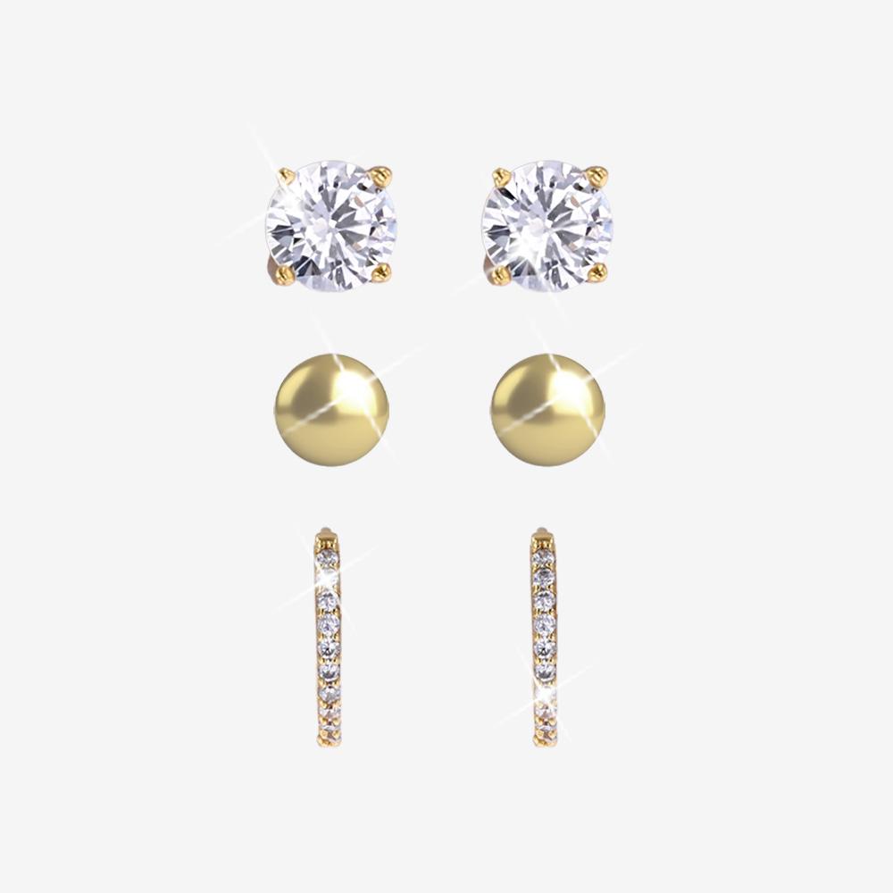 18ct Gold Vermeil On Silver 3 Pair Set Of Huggies, CZ + Ball Studs