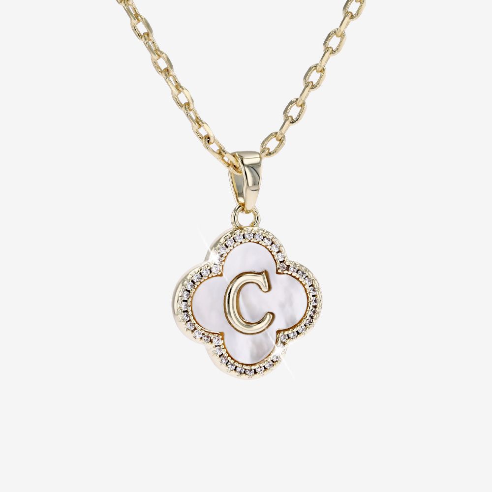 Real Mother Of Pearl Initial C Clover Necklace