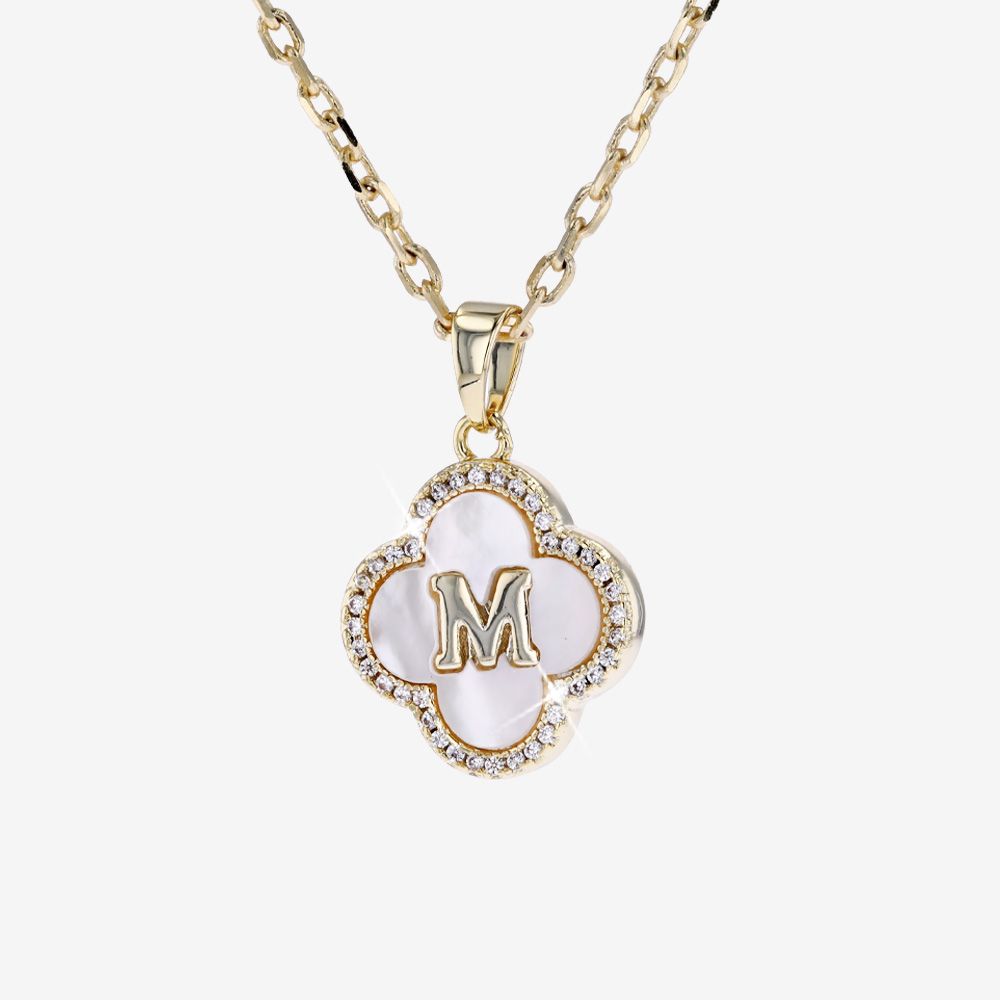 Real Mother Of Pearl Initial M Clover Necklace 