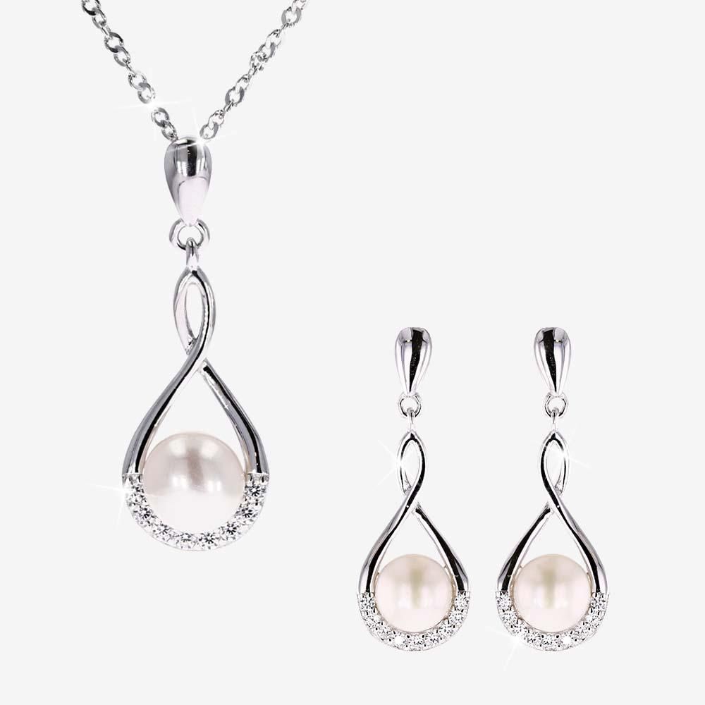 Silver Cultured Freshwater Pearl & CZ Necklace And Earrings Set