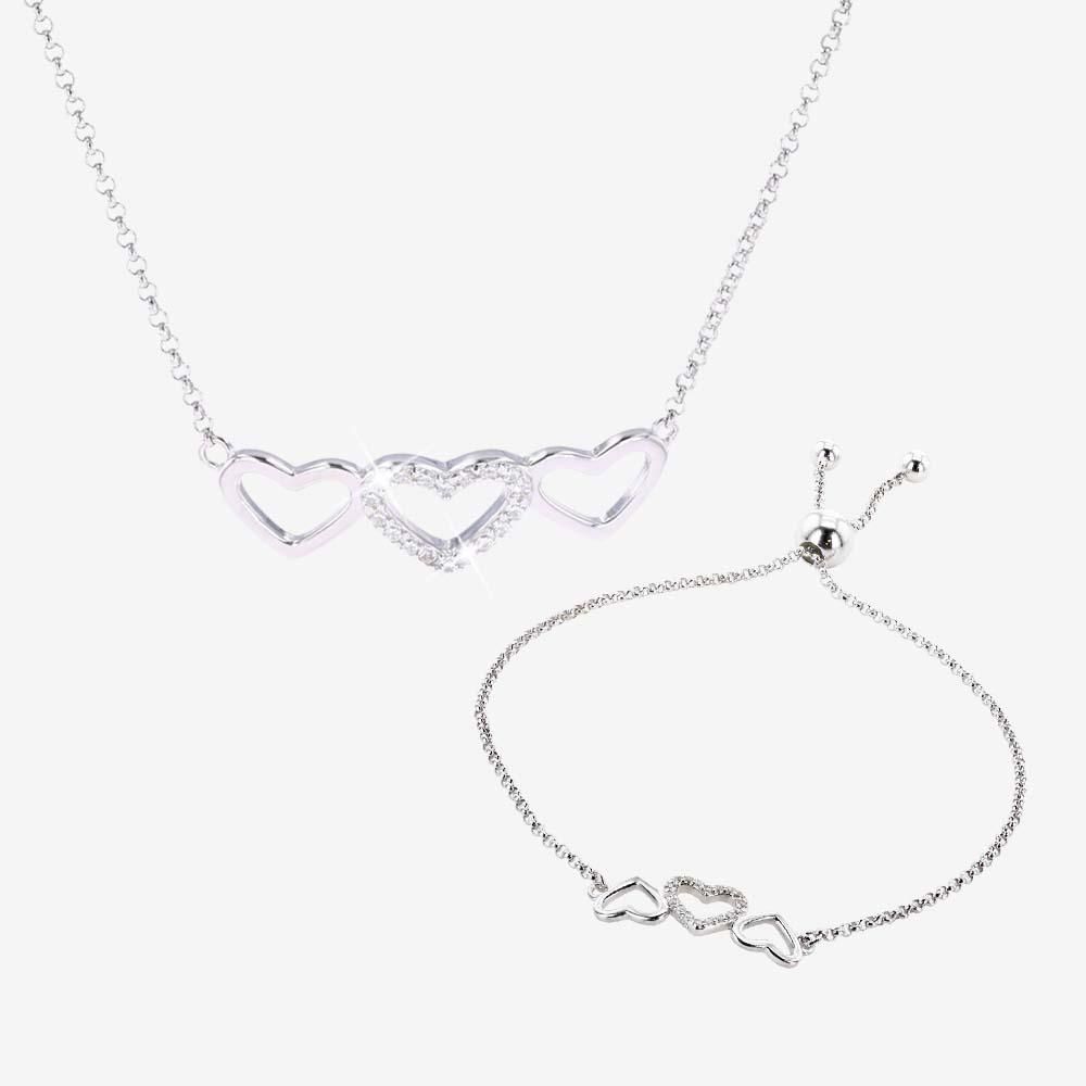 Silver Triple Heart Necklace & Bracelet